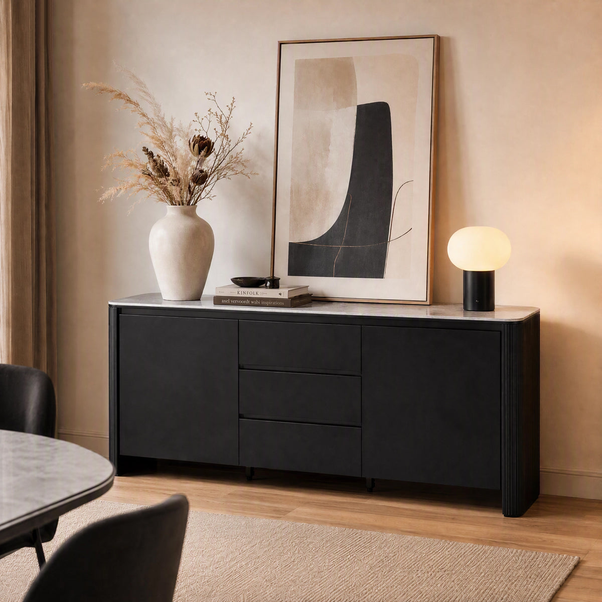 Aden Buffet with grey ceramic top and ribbed black legs