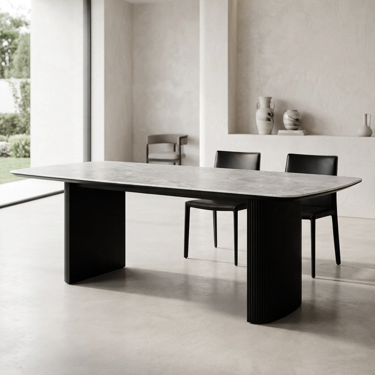 Aden Dining Table with grey ceramic top and ribbed black legs