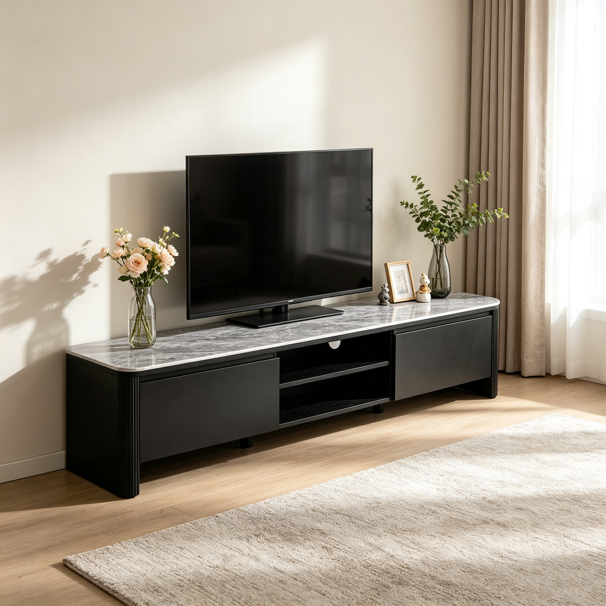 Aden TV Unit with grey ceramic top and black ribbed cabinets