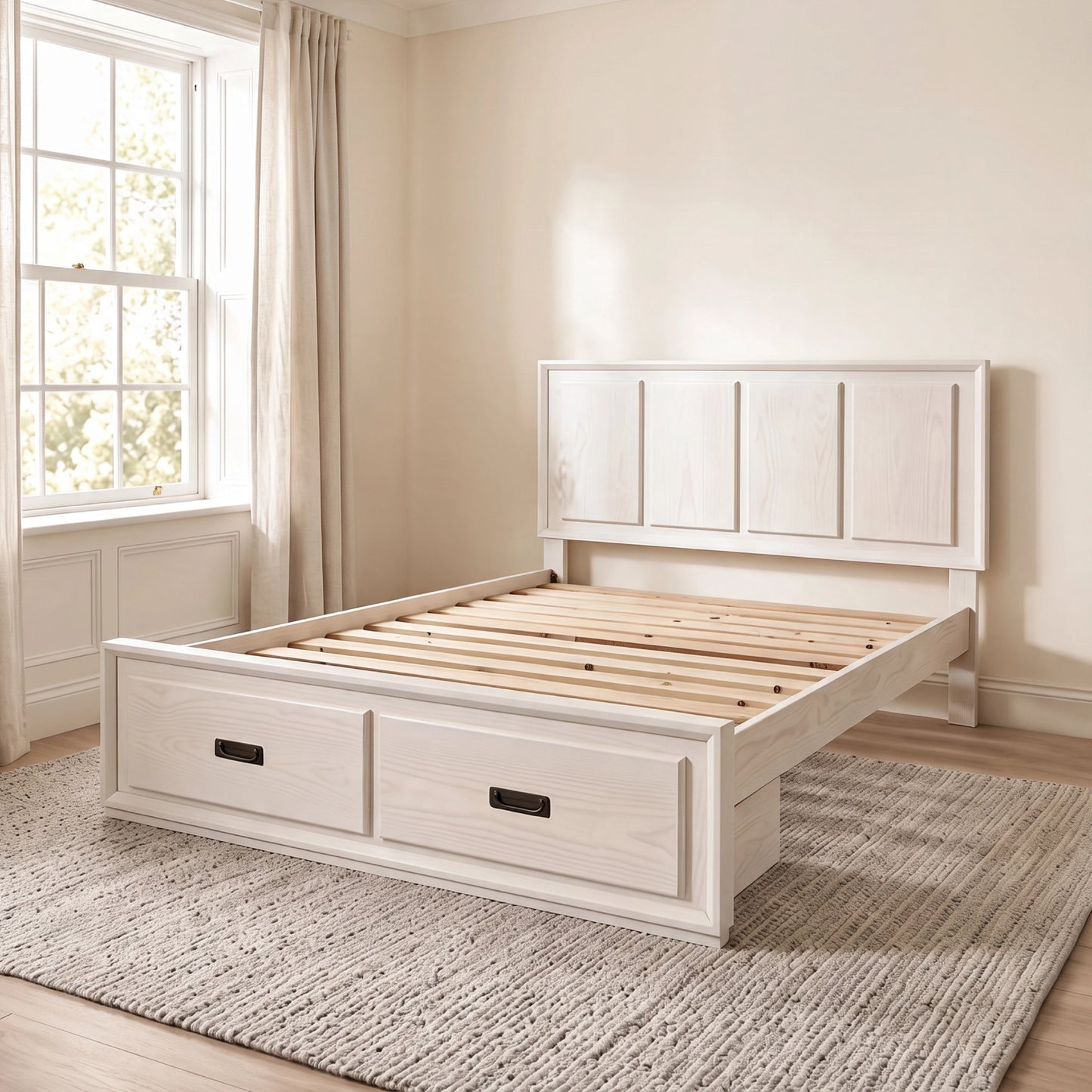 Boston A white wash pine timber bed with classic headboard and two storage drawers
