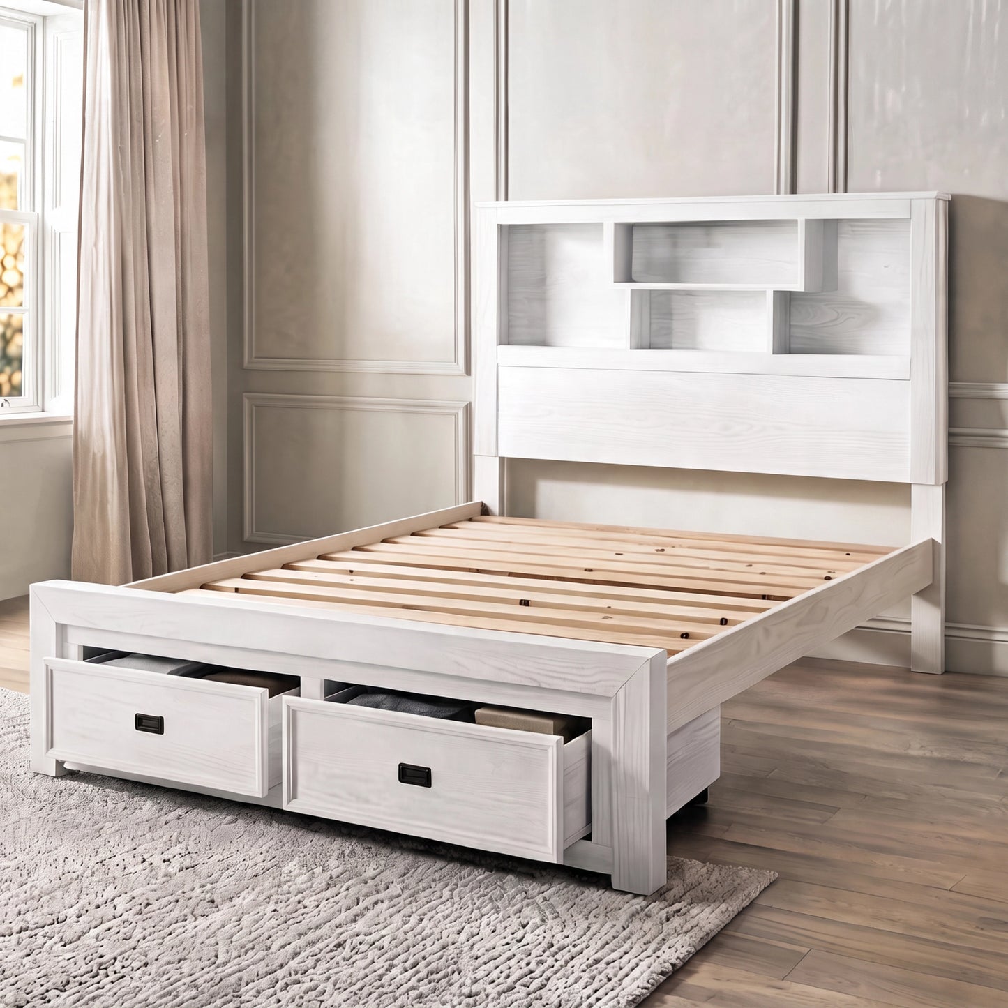 Boston B white wash pine timber bed with upgraded headboard and two storage drawers