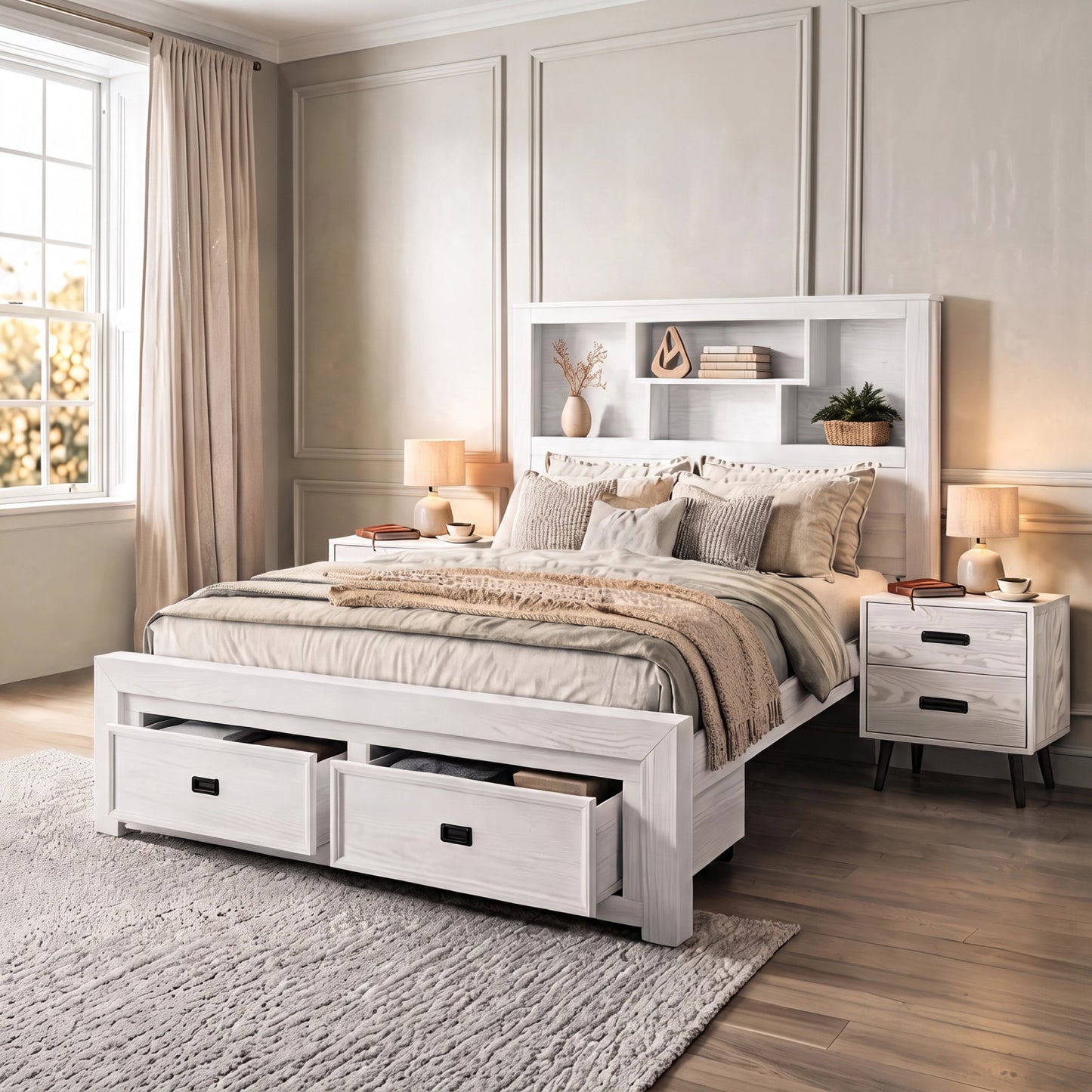 Boston B white wash pine timber bed with upgraded headboard and under-bed storage drawers
