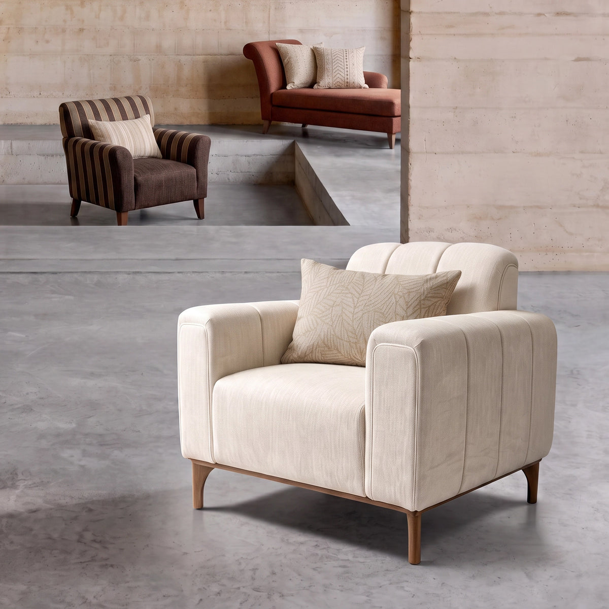 Chairs and ottomans available in our furniture collection