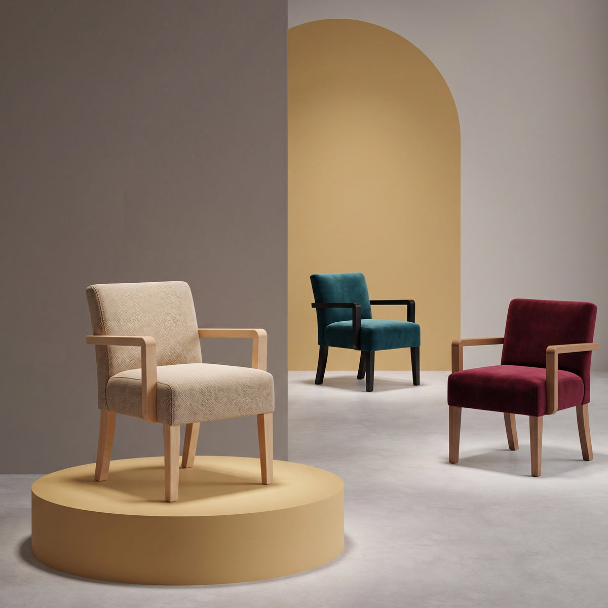 Selection of chairs and ottomans in different styles and fabrics