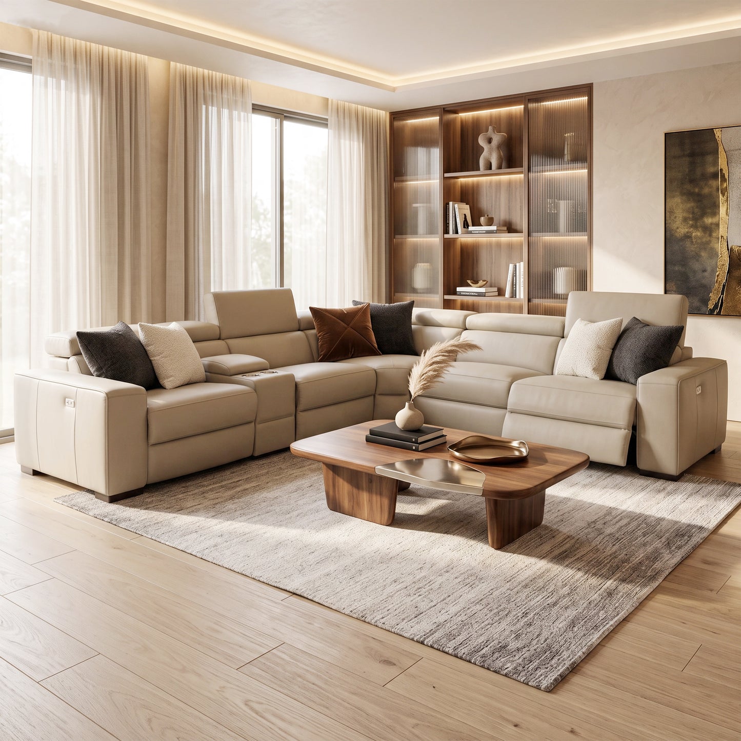 Chicago full-grain leather modular reclining sofa with electric recliners and centre console for a Sydney home
