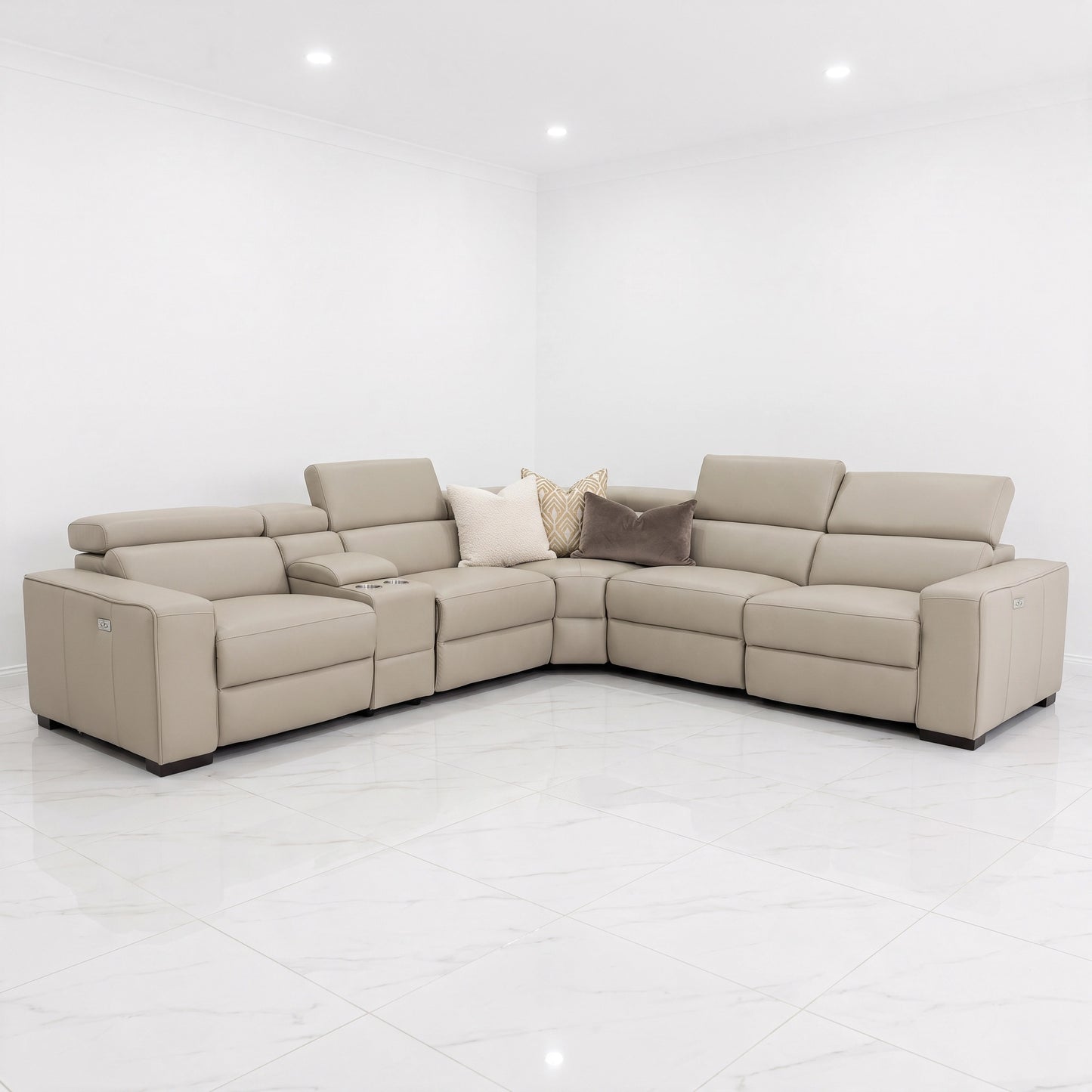 Chicago full-grain leather modular reclining sofa with electric recliners and centre console for a Sydney home