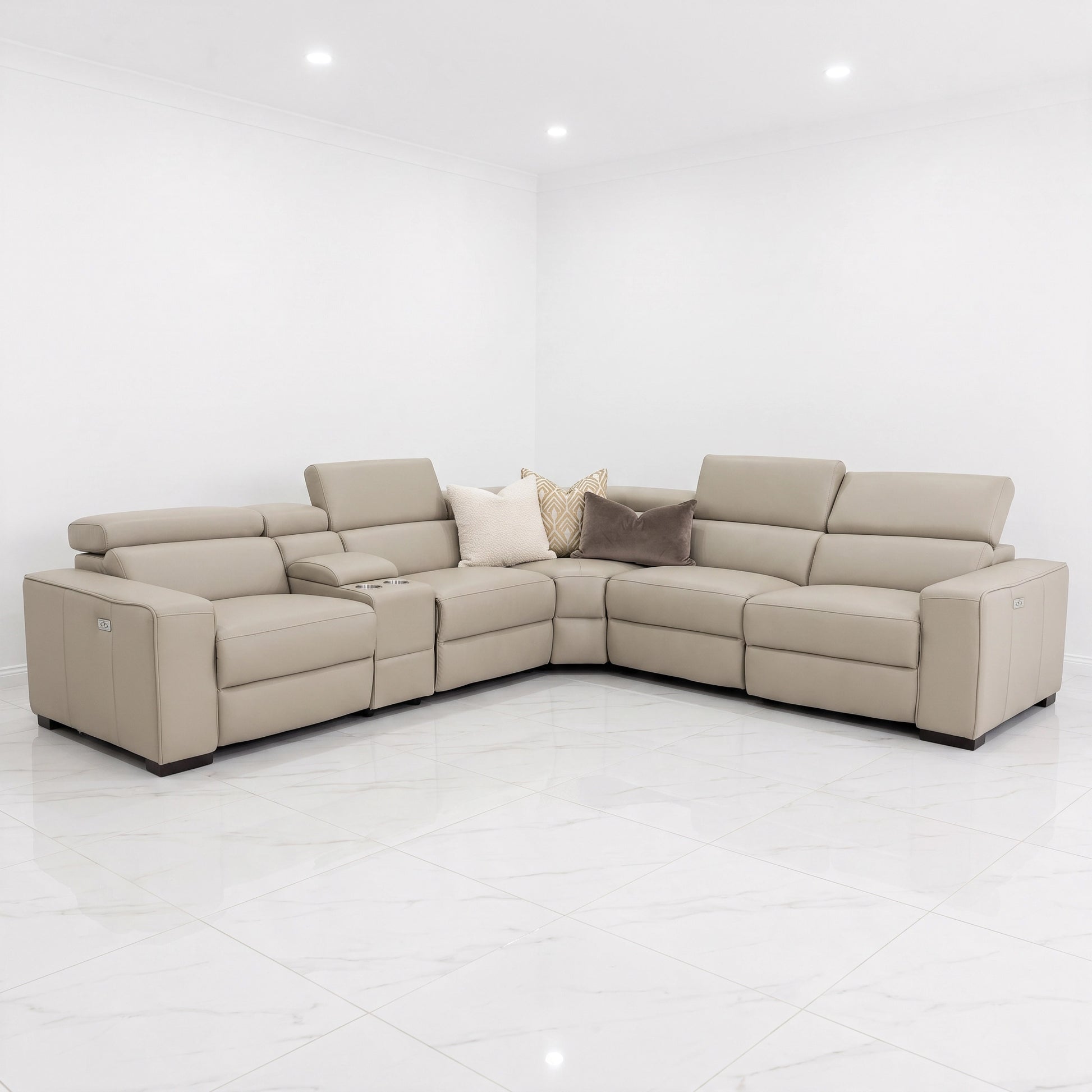 Chicago full-grain leather modular reclining sofa with electric recliners and centre console for a Sydney home