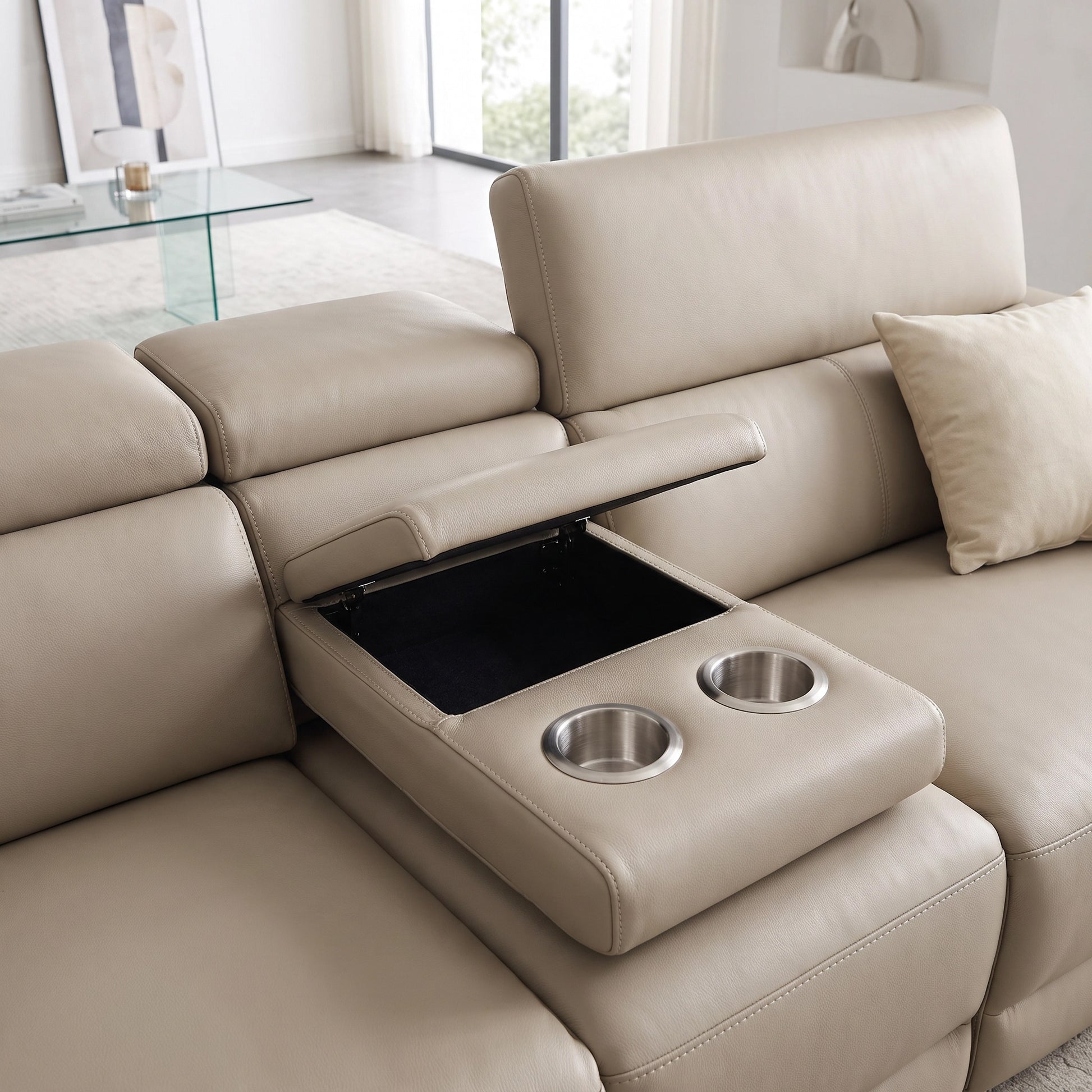 Chicago full-grain leather modular reclining sofa with electric recliners and centre console for a Sydney home