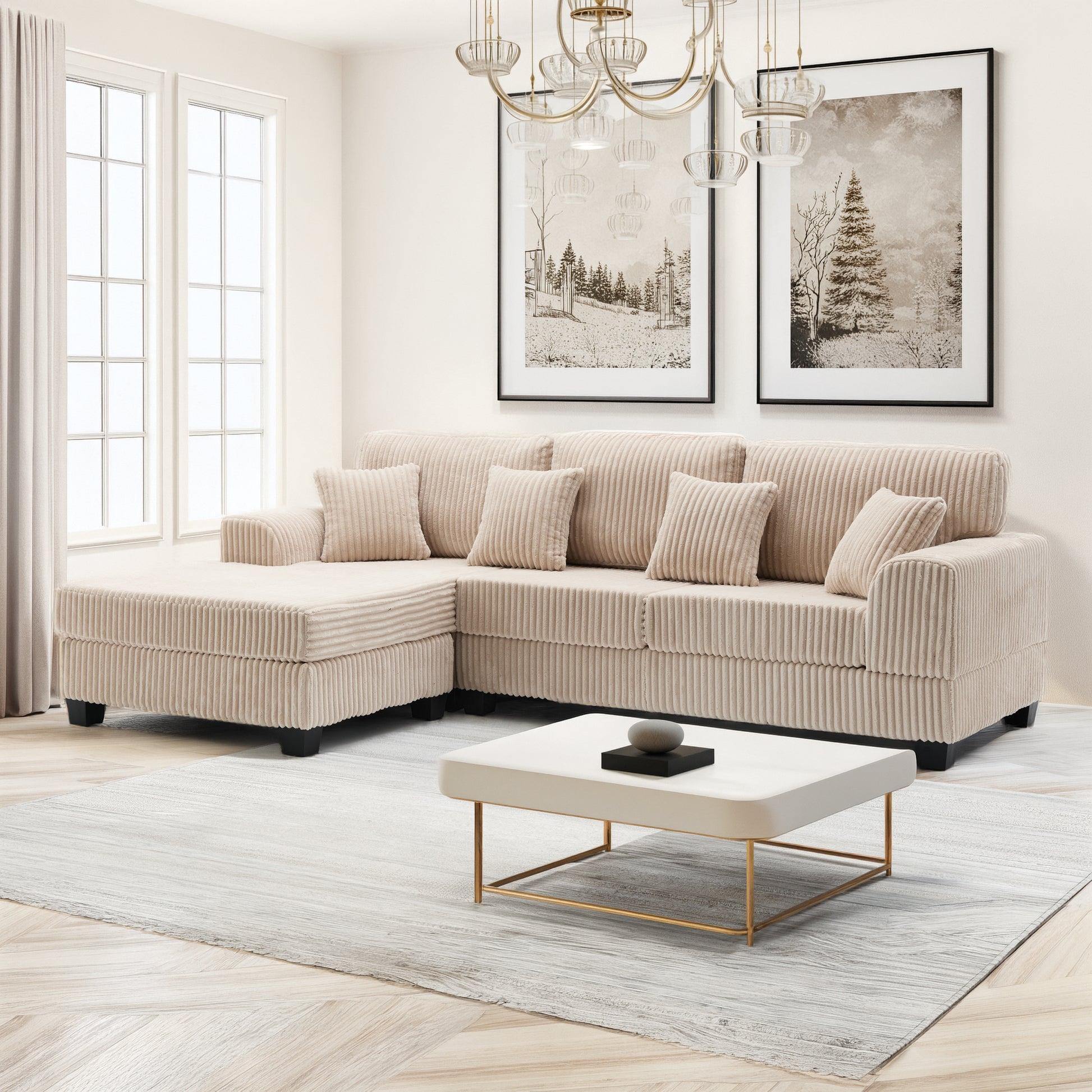 Corduroy Sofa with chaise with a soft ribbed in Beige