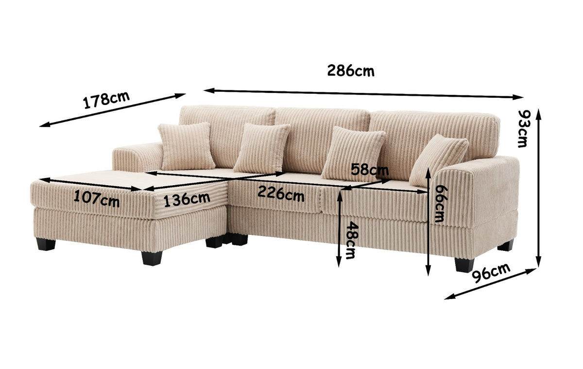 Modern Corduroy Sofa with chaise dimension