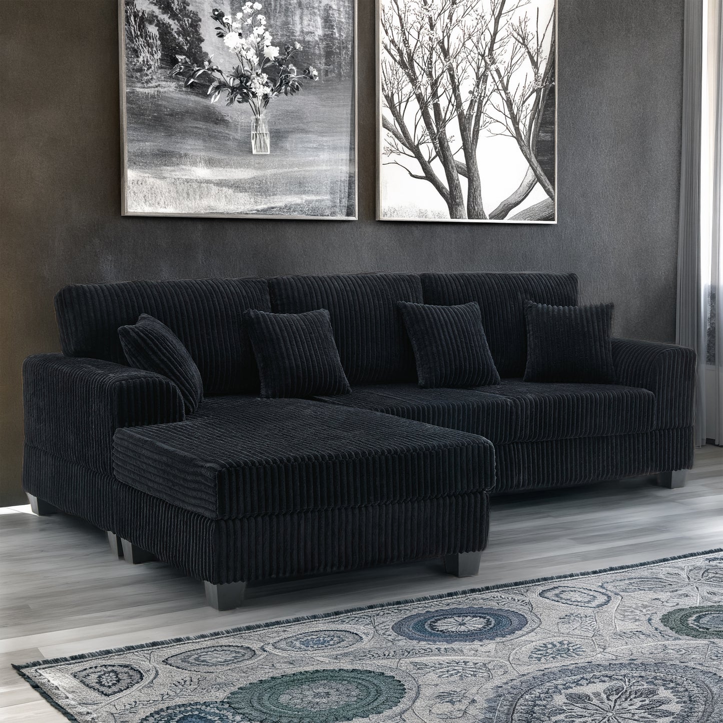 Corduroy Sofa with chaise with a soft ribbed in Black