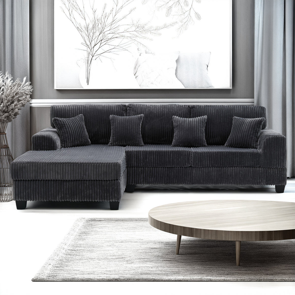 Corduroy Sofa with chaise with a soft ribbed in Dark Grey