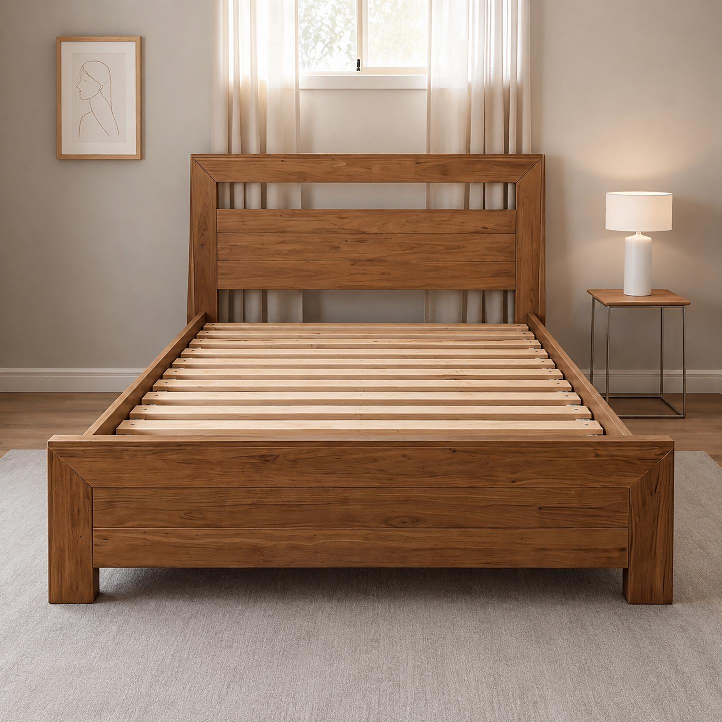 Frank pine timber bed with slatted headboard