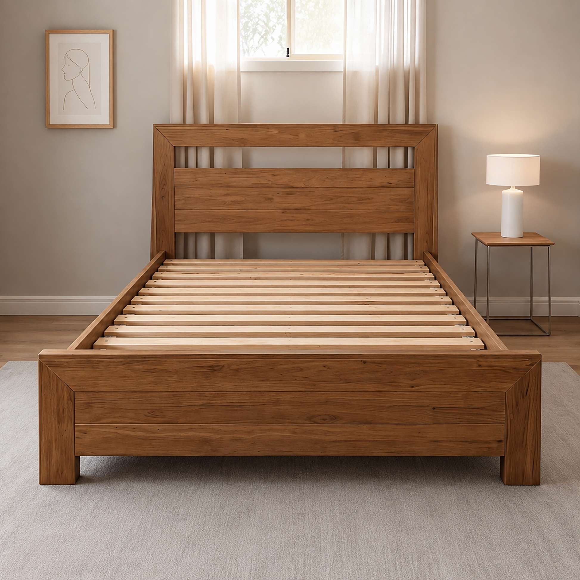 Frank pine timber bed with slatted headboard
