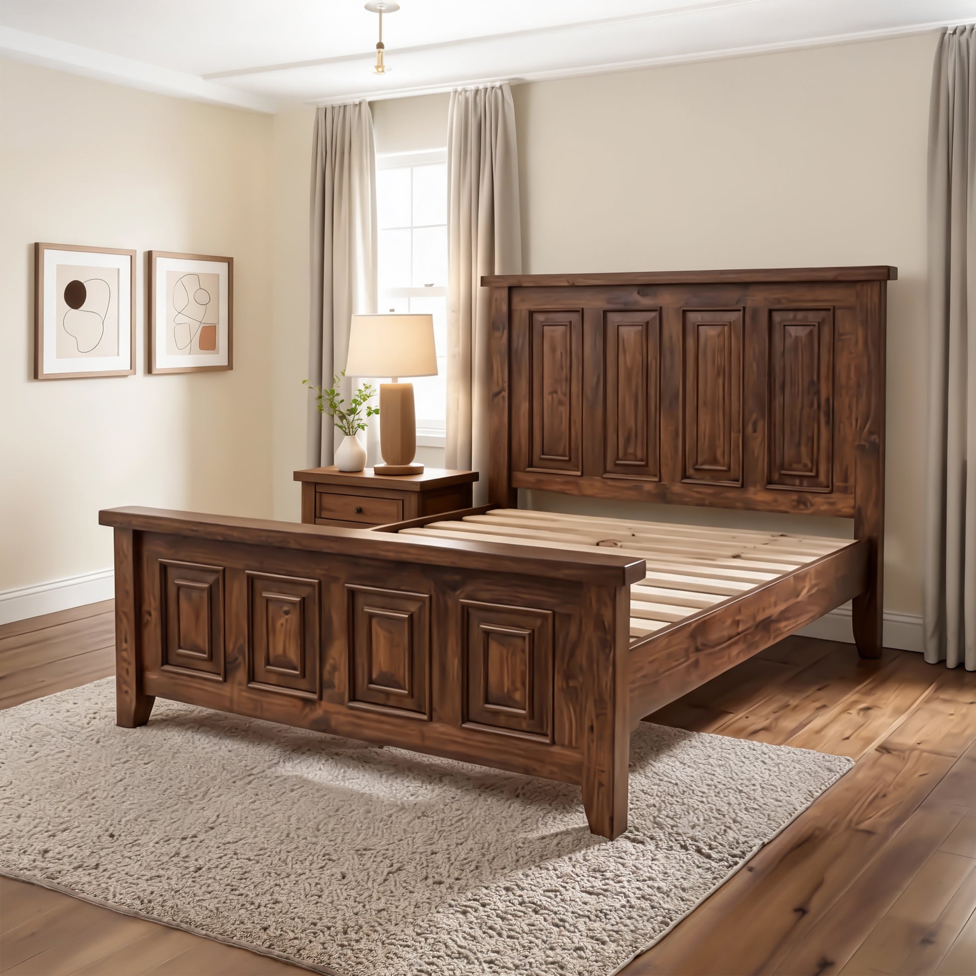 Heritage rustic timber bed frame wood grain detail