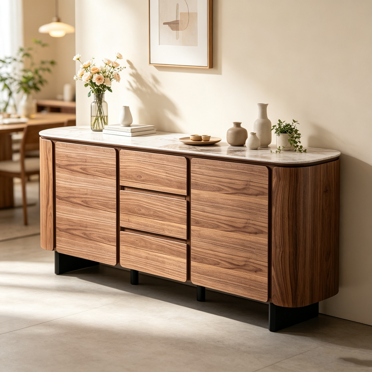 MORIKO Buffet with walnut cabinets and black legs