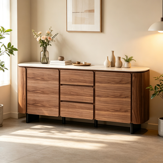 MORIKO Buffet with patterned ceramic top and walnut cabinets