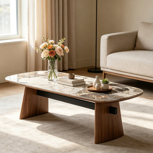 MORIKO Coffee Table with patterned ceramic top and walnut legs