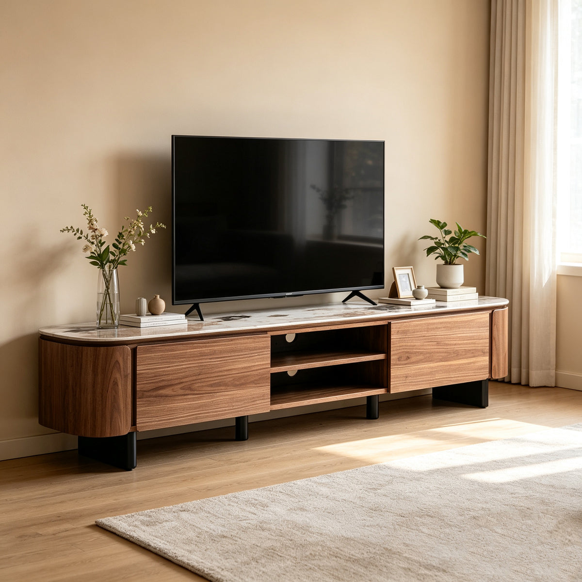 MORIKO Entertainment Unit with patterned ceramic top and walnut cabinets