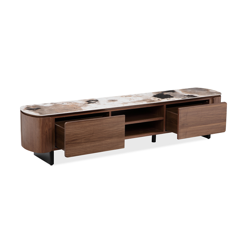 MORIKO Entertainment Unit with walnut cabinets and black legs