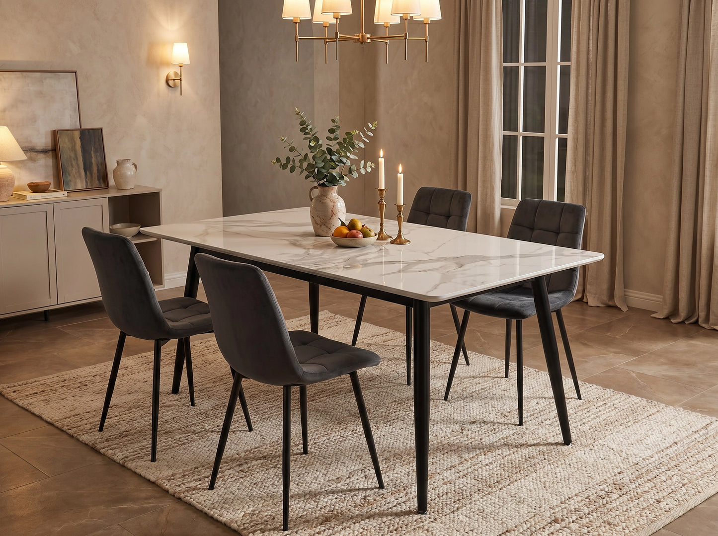 Super 95 dining table set with ceramic tabletop and six Fiore dining chairs