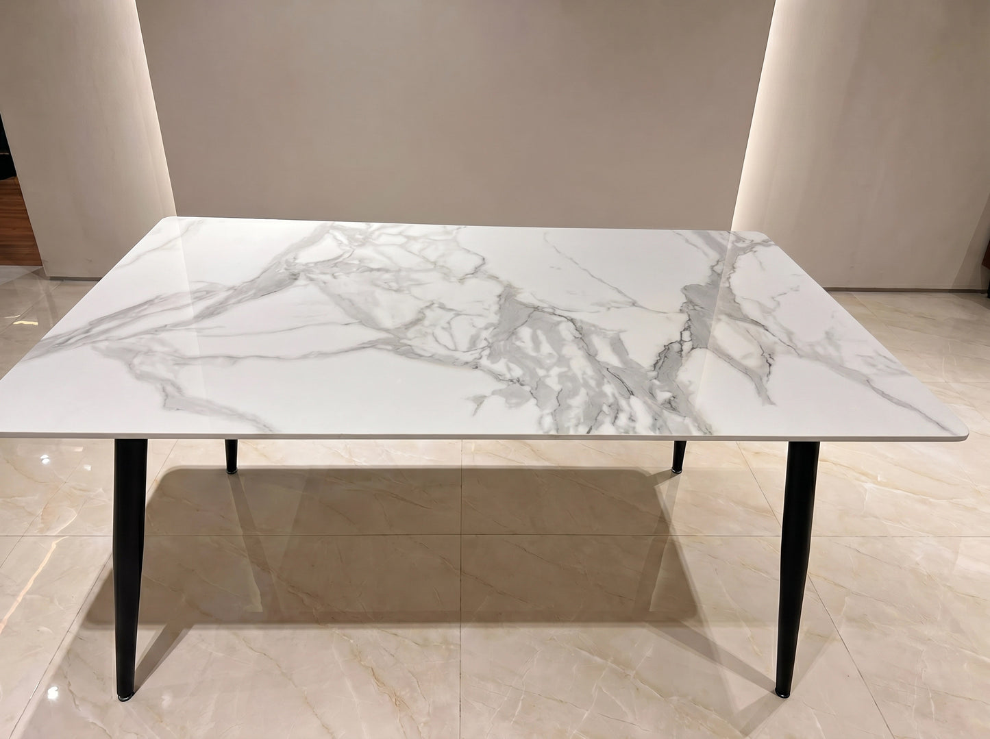 Super 95 dining table set with white marble-look ceramic tabletop and six Zara dining chairs
