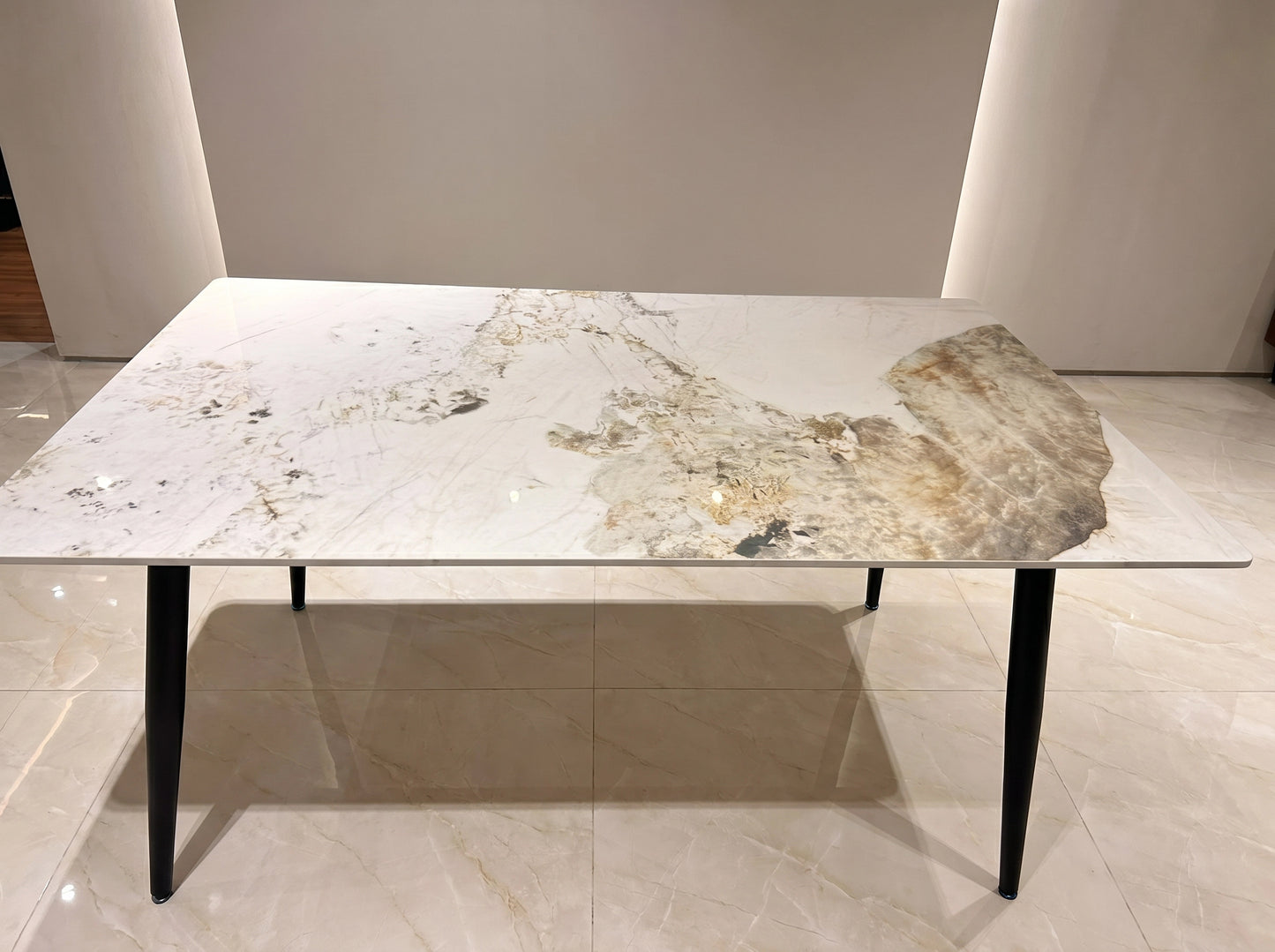 Super 95 dining table set with white marble-look ceramic tabletop and six Zara dining chairs
