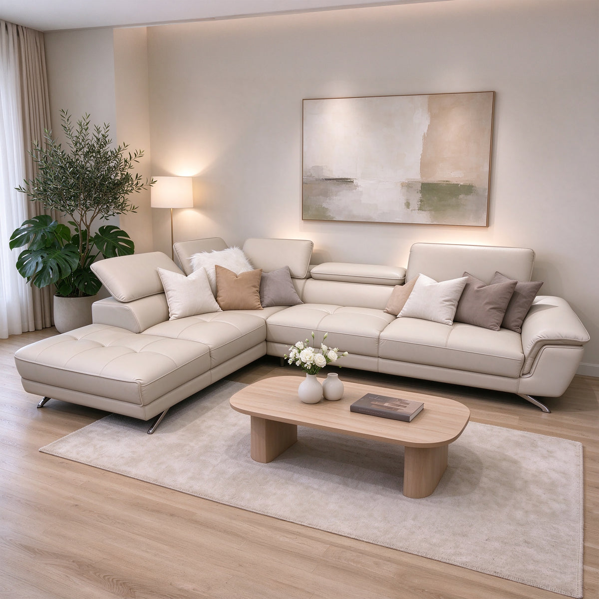 Victor Leather Lounge with Chaise in genuine leather Beige Colour