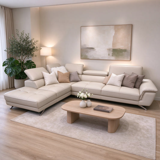 Victor Leather Lounge with Chaise in genuine leather Beige Colour