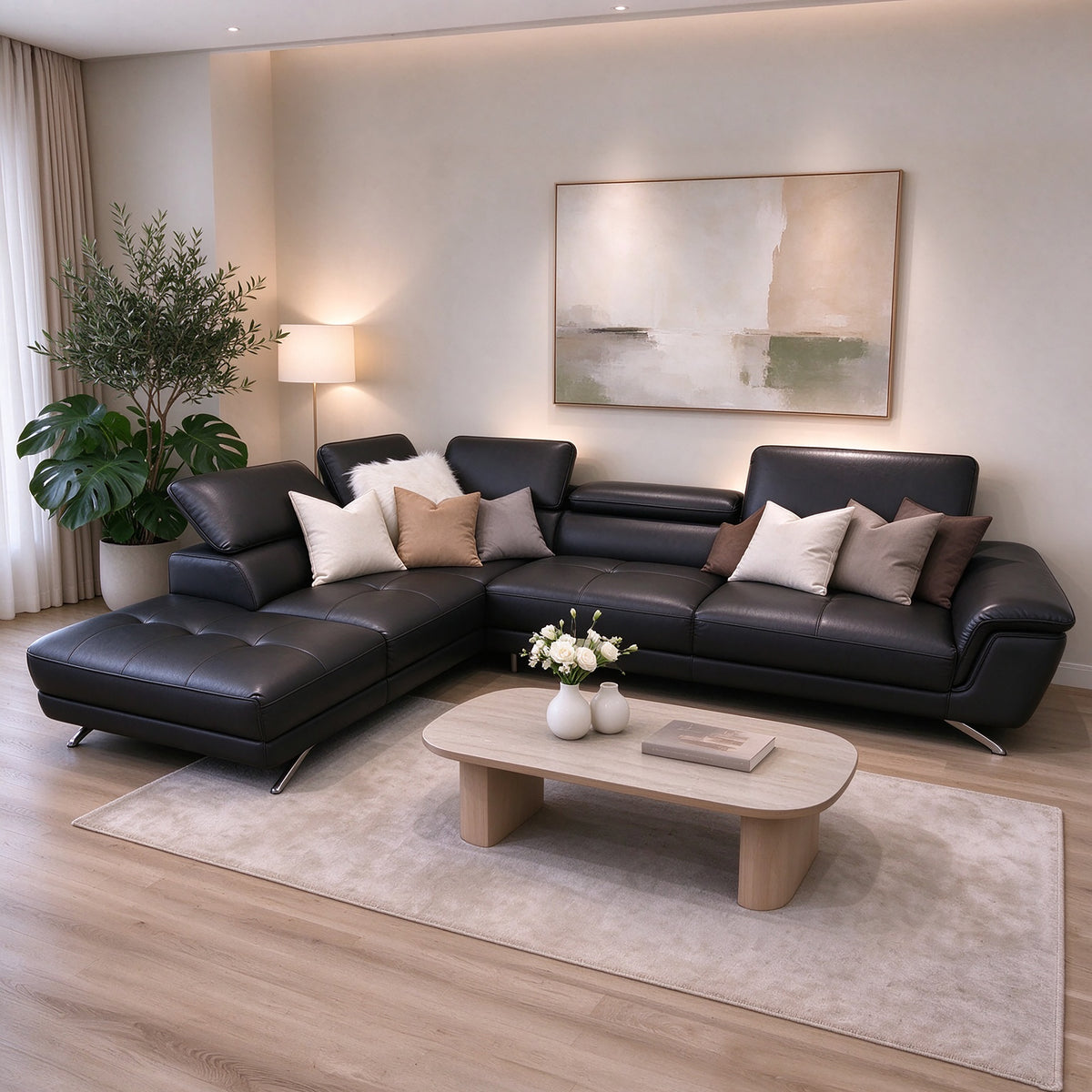 Victor Leather Lounge with Chaise in genuine leather in Black Colour