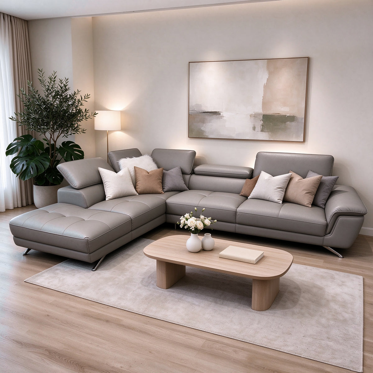 Victor Leather Lounge with Chaise in genuine leather in Sage Taupe Colour