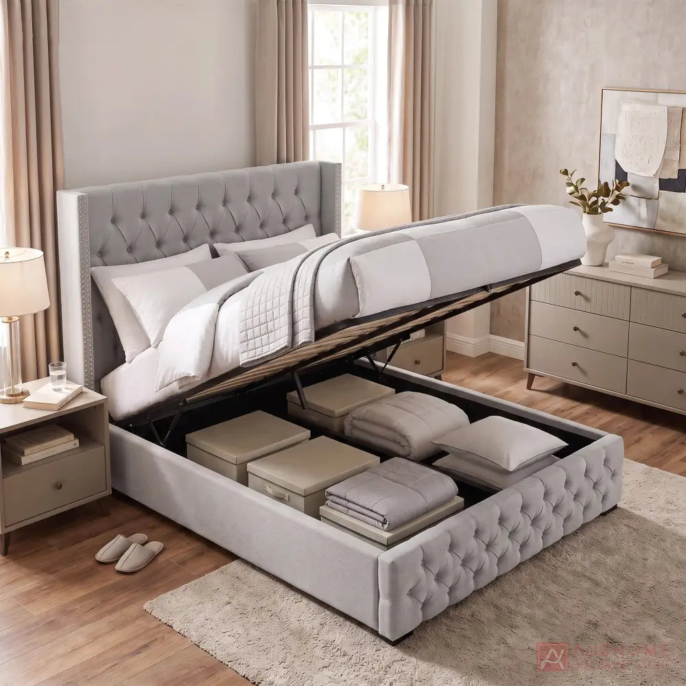 Grey fabric bed frame with button-tufted wingback headboard
