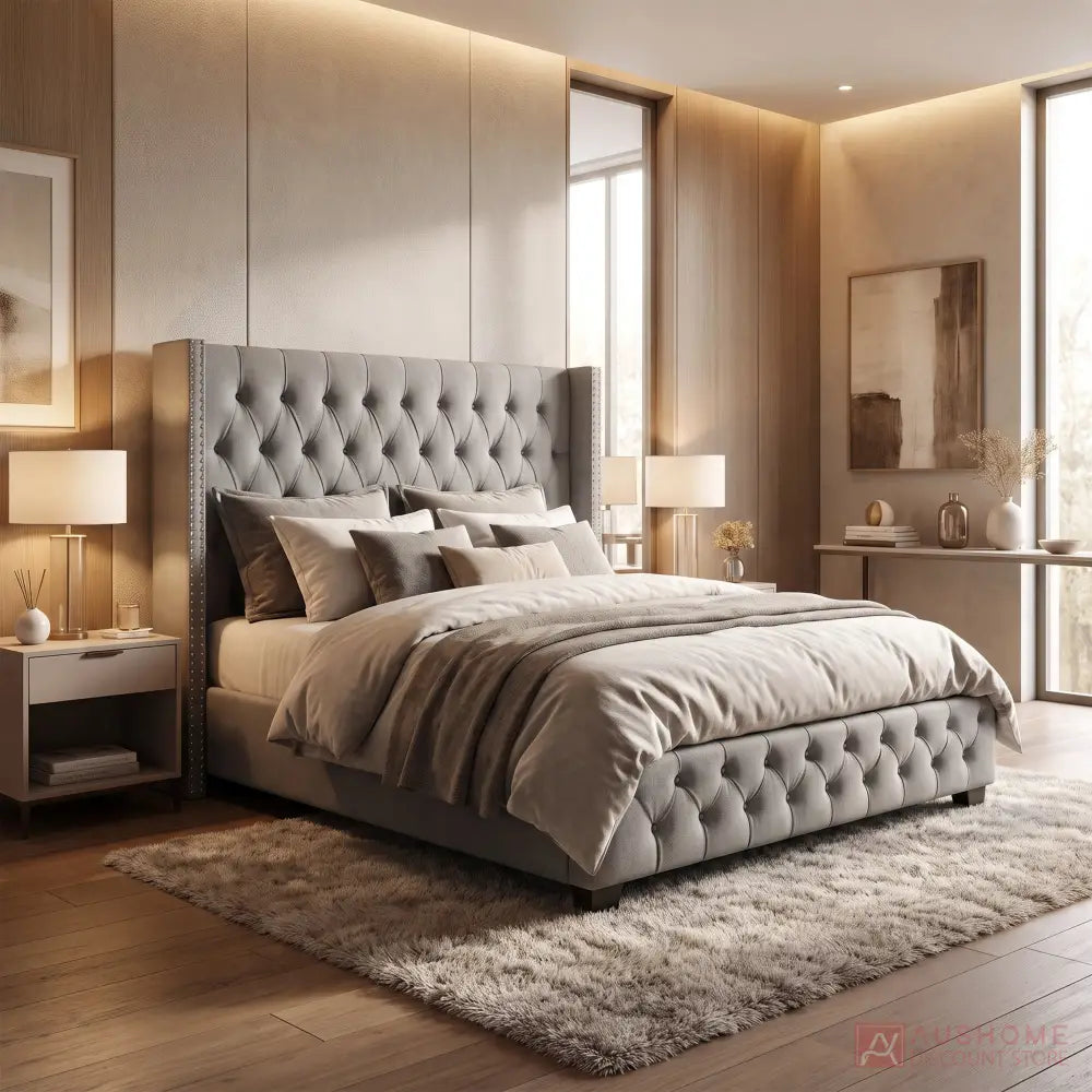 Grey fabric wingback gas lift storage bed with button-tufted headboard