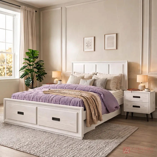 Boston A white wash pine bed with classic timber headboard in a modern bedroom