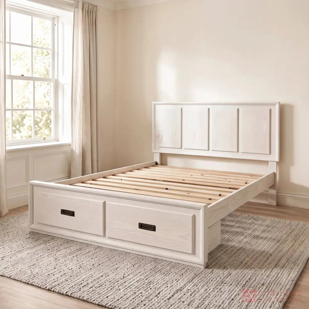 Boston A white wash pine timber bed with classic headboard and two storage drawers