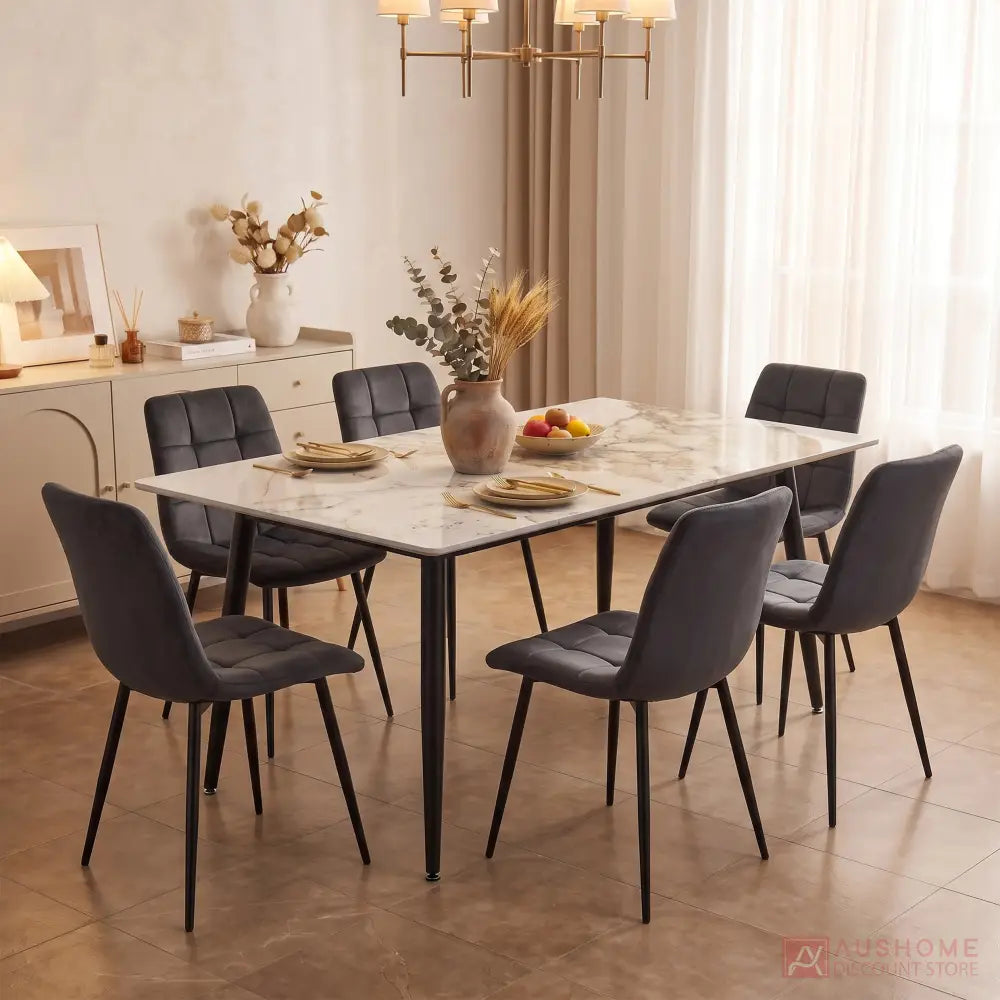 Super 95 dining table set with Pandora Pattern finishes ceramic tabletop and six Fiore dining chairs