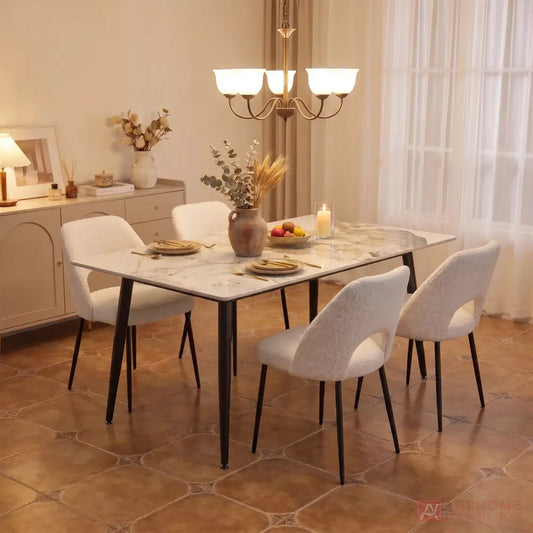 Super 95 dining table set with Pandora Pattern finishes ceramic tabletop and six Zara dining chairs