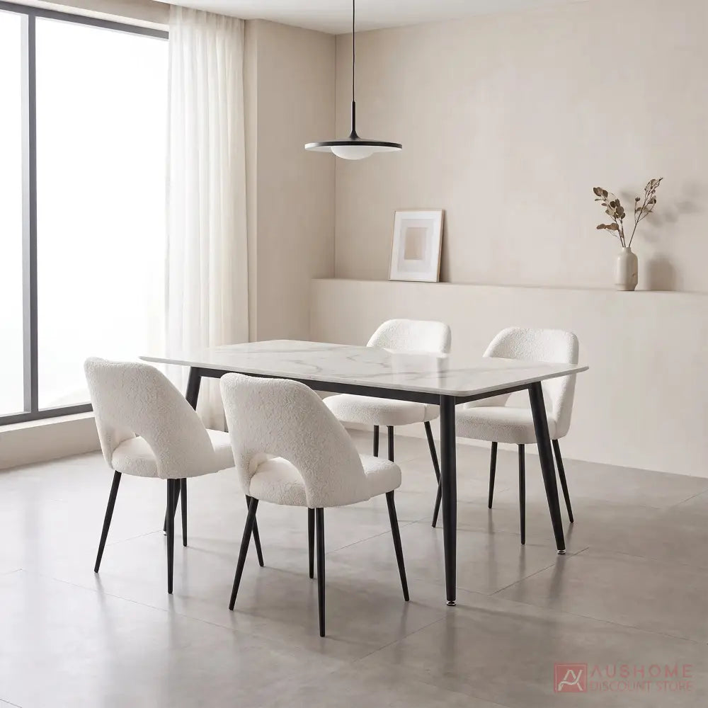 Super 95 dining table set with white marble-look ceramic tabletop and six Zara dining chairs