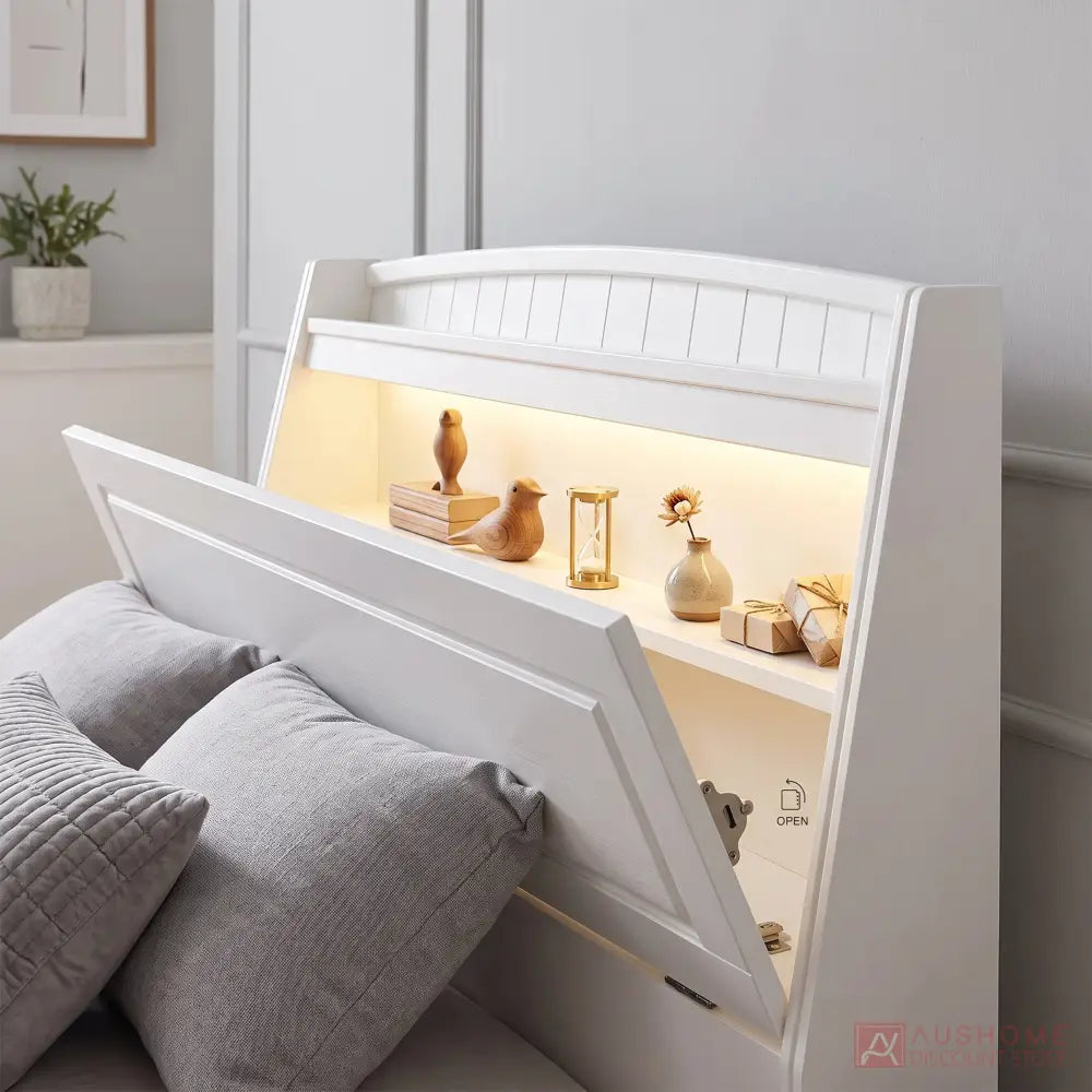 Vanilla modern upholstered storage bed with hidden fold-down headboard storage