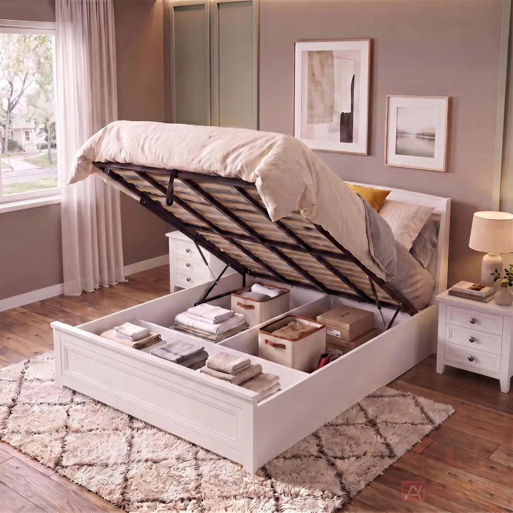 Vanilla front gas lift storage bed with spacious under-bed storage