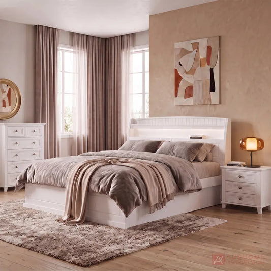 Vanilla modern upholstered storage bed with functional headboard