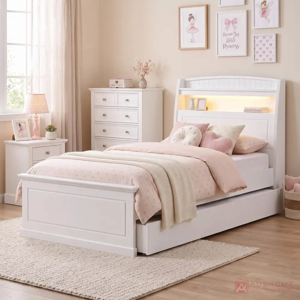 Vanilla modern upholstered storage bed with functional headboard
