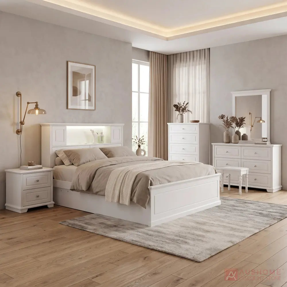 Volin gas lift storage bed with LED headboard and USB charging